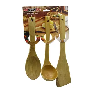 3PCS AHŞAP BAMBU MUTFAK SERVİS SETİ KAŞIK=27CM - KEPÇE=27CM - SPATULA=32CM (5643)