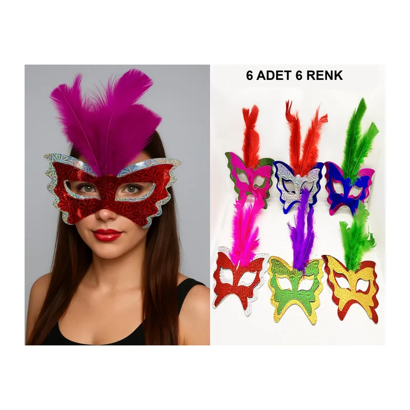 Renkli Parti Maskesi 6'lı | Tüylü Karton Maske Seti (Lastikli) (5643)