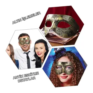 Altın Eskitme Yüz Maskesi - Antik Tarz Balo Maskesi (5643)