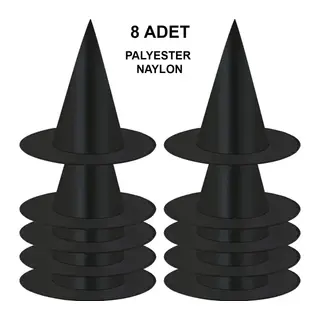 8 Adet Siyah Cadı Şapkası – Yetişkin & Çocuk Kostüm Aksesuarı (5643)