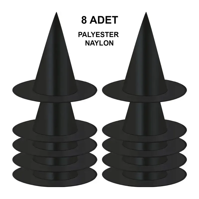 8 Adet Siyah Cadı Şapkası – Yetişkin & Çocuk Kostüm Aksesuarı (5643)