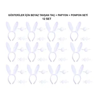 Beyaz Tavşan Kostüm Seti – Taç, Papyon, Kuyruk (12’li Paket) (5643)