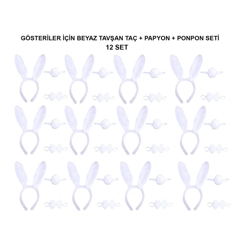 Beyaz Tavşan Kostüm Seti – Taç, Papyon, Kuyruk (12’li Paket) (5643)