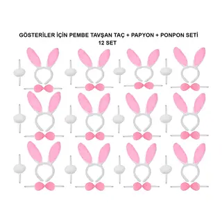 Pembe Tavşan Kostüm Seti – Taç, Papyon, Ponpon (12’li Paket) (5643)