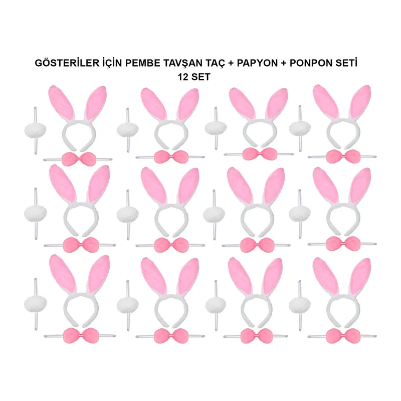 Pembe Tavşan Kostüm Seti – Taç, Papyon, Ponpon (12’li Paket) (5643)