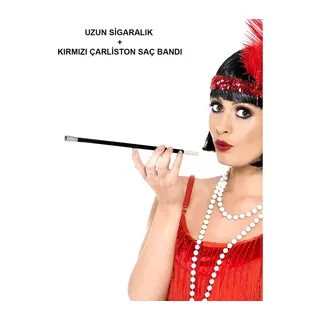 1920'ler 1990'lar Gatsby Kadın Aksesuar Seti – Kırmızı Charleston Saç Bandı ve Sigaralık (5643)