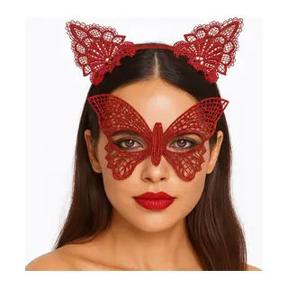Gösterişli Kırmızı Dantel Maske ve Taç Seti 7 No – Masquerade ve Davetler için (5643)