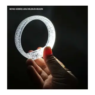 Beyaz-Gümüş Led Işıklı Baskı Yapılabilen Pilli Bileklik Bilezik 1,5 cm Genişlik (5643)