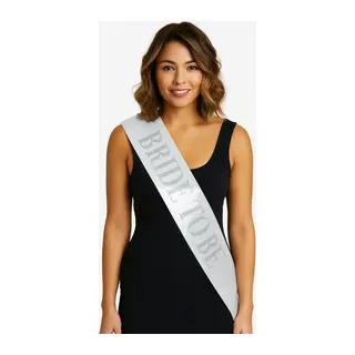 Beyaz Saten Üzerine Kalın Gümüş Yazılı Bride To Be Kuşağı 10 cm Genişlik (5643)