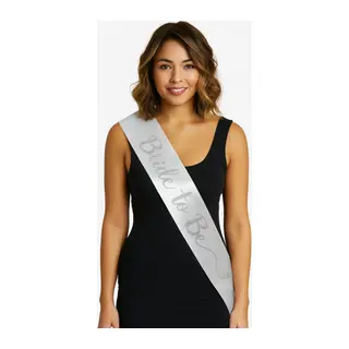 Beyaz Saten Üzerine El Yazısı İtalik Gümüş Bride To Be Kuşağı 10 cm Genişlik (5643)