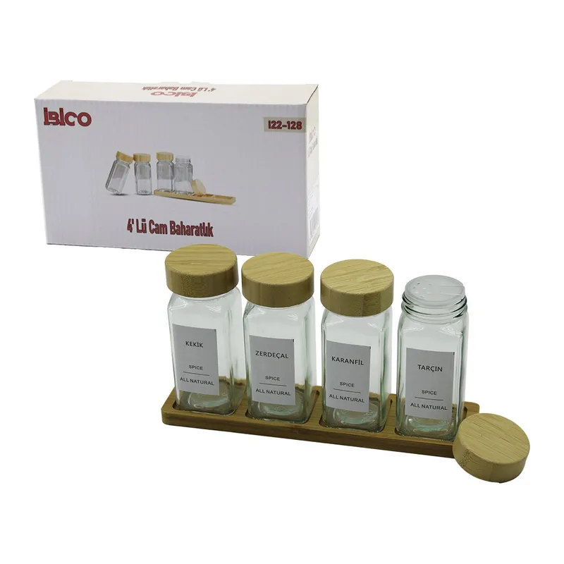 4PCS BAMBU KAPAKLI CAM TUZLUK - BİBERLİK - BAHARATLIK 120ML (5643)
