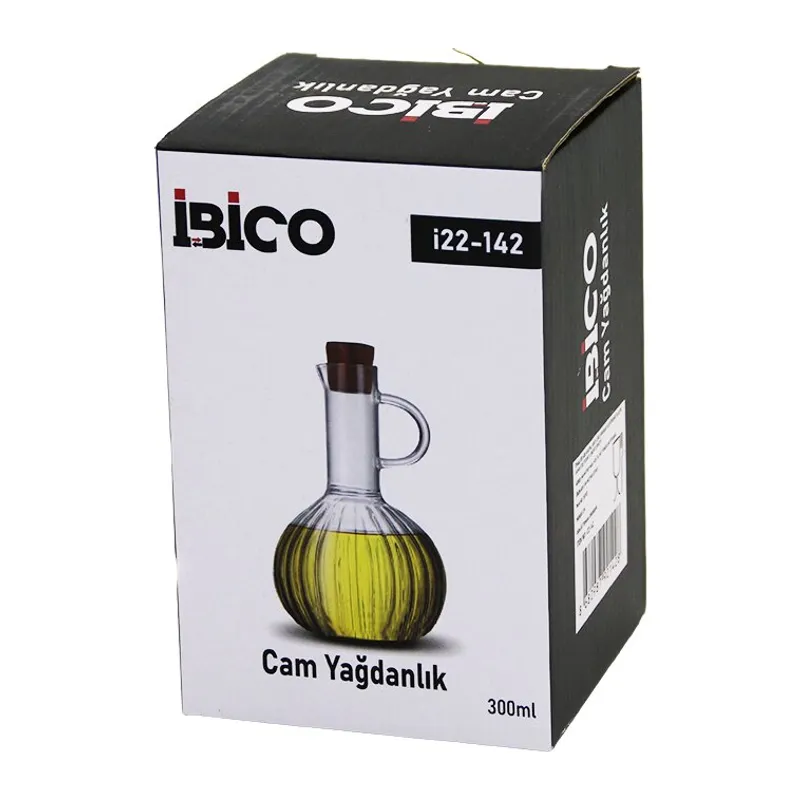 MİNİ CAM YAĞDANLIK ÇİZGİLİ DESEN 300ML AHŞAP BAMBU MANTAR TIPA (5643)