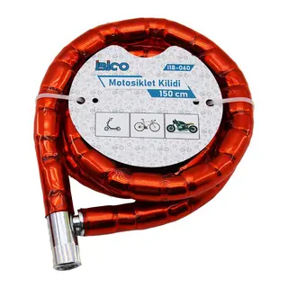 TÜP ANAHTARLI METAL KAFA ÇELİK MOTOR - BİSİKLET KİLİT SİLİNDİRİK SPİRAL KİLİT KIRMIZI KILIF22MM X 150CM (5643)