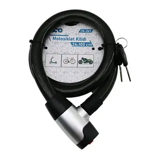 ANAHTARLI METAL KAPLAMA KAFA ÇEK-İT KİLİT KAPAK MOTOR - BİSİKLET KİLİT ÇELİK TEL SİYAH ŞEFFAF KILIF 24MMX100CM (5643)
