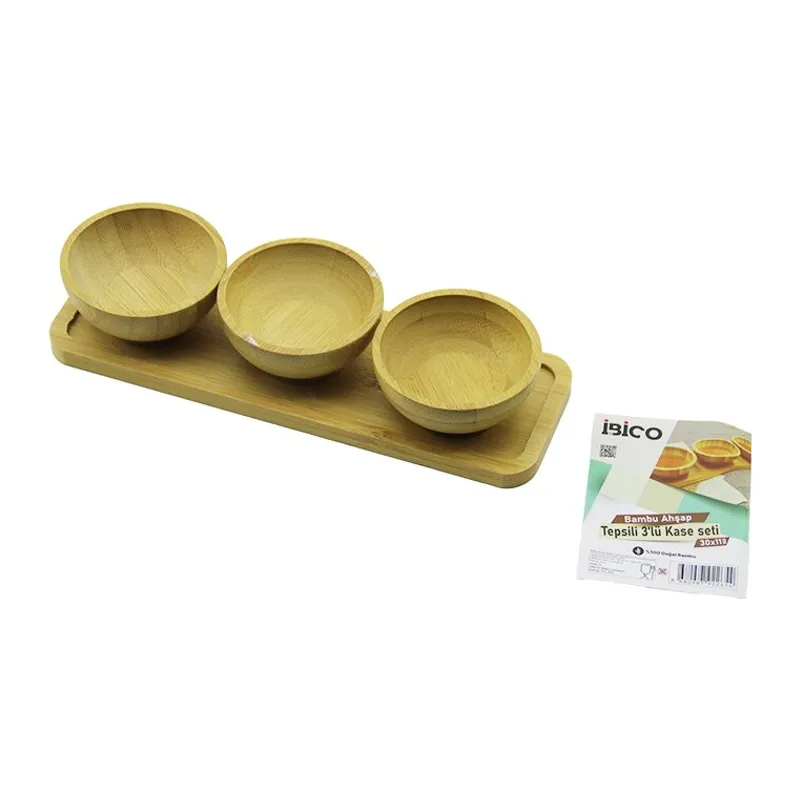 4PCS ÇEREZLİK - LOKUMLUK AHŞAP BAMBU TEPSİLİ KASE SETİ 30X11CM (5643)