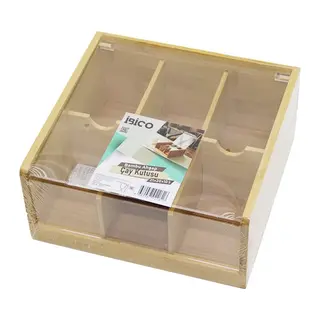 AHŞAP BAMBU 6 BÖLMELİ POŞET ÇAY KUTUSU MİKA PLASTİK KAPAK 21X20X10CM (5643)