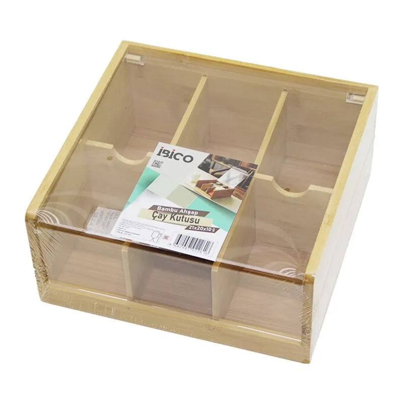 AHŞAP BAMBU 6 BÖLMELİ POŞET ÇAY KUTUSU MİKA PLASTİK KAPAK 21X20X10CM (5643)