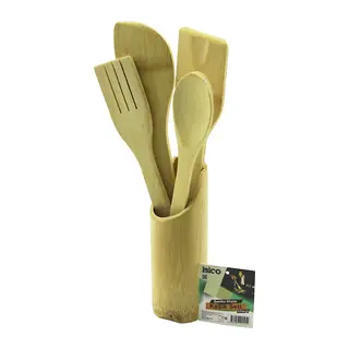 5PCS AHŞAP BAMBU MUTFAK SETİ STAND - KAŞIK - ÇATAL - 2 SPATULA FİLELİ (5643)