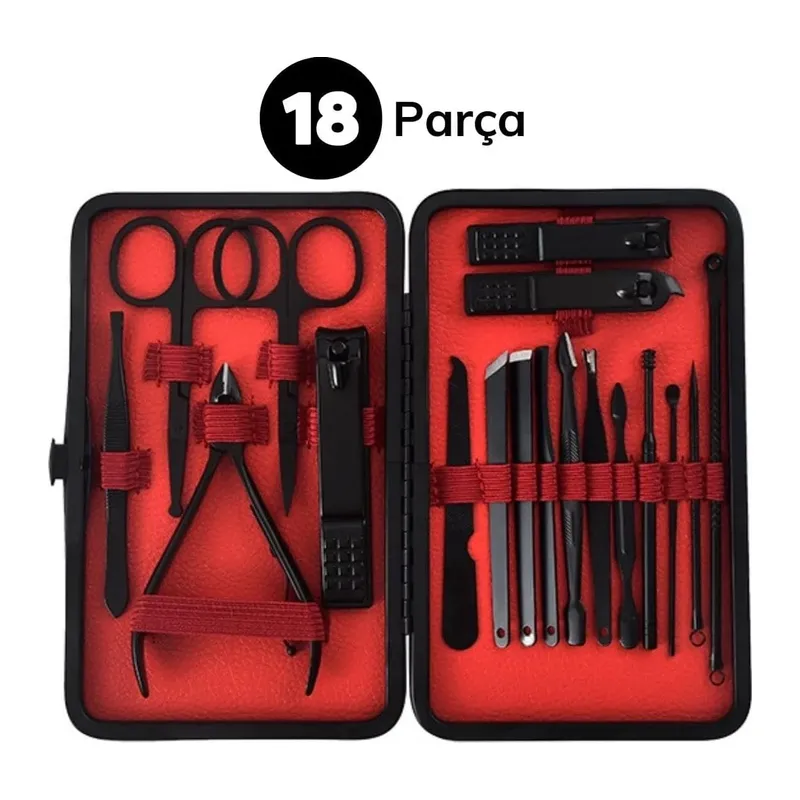 18 Parça Manikür Pedikür Set Kutusu Çelik Deri Çantalı Bakım Seti (5643)