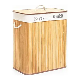 DİKDÖRTGEN İKİ BÖLMELİ İÇ BEZ BAMBU AHŞAP KİRLİ ÇAMAŞIR SEPETİ İP KULP 52X32X62CM (5643)