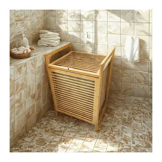 AHŞAP BAMBU KİRLİ ÇAMAŞIR SEPET KUMAŞ ÇANTALI SEPET=40X35X60CM (5643)