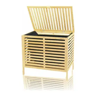 KALIN AHŞAP BAMBU KİRLİ ÇAMAŞIR SEPETİ SİYAH KUMAŞ ÇANTALI SEPET=50X38X55CM (5643)