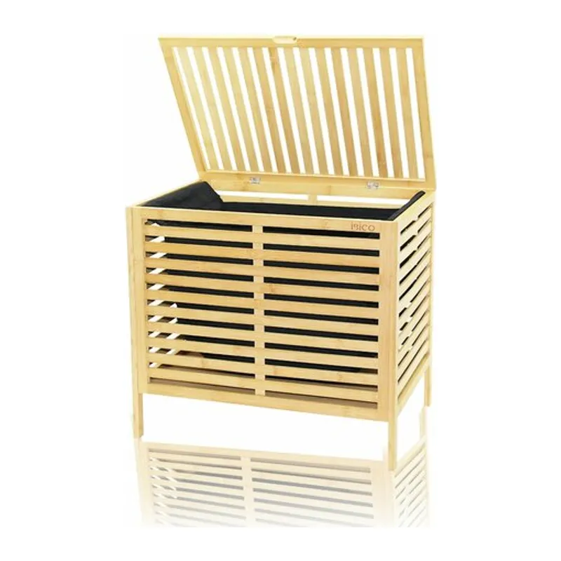 KALIN AHŞAP BAMBU KİRLİ ÇAMAŞIR SEPETİ SİYAH KUMAŞ ÇANTALI SEPET=50X38X55CM (5643)