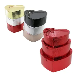3PCS KALP PARLAK MİX RENKLİ - KABARTMA DESEN KARTON HEDİYE KUTUSU KURDELALI 31X28-27X24-23X20CM (5643)
