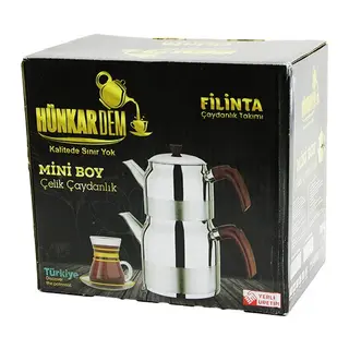 FİLİNTA MİNİ BOY ÇELİK ÇAYDANLIK SETİ ÇİFT KAPAKLI RENKLİ BAKALİT KULP ÜST DEMLİK: 1LT - ALT SULUK: 1.5LT KENDİNDEN SÜZGEÇLİ (5643)