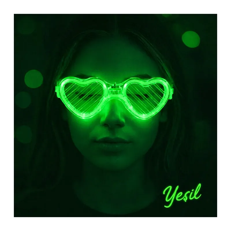 Yeşil LED Işıklı Kalp Gözlük – 3 Modlu Parti - Glow Gözlüğü (5643)