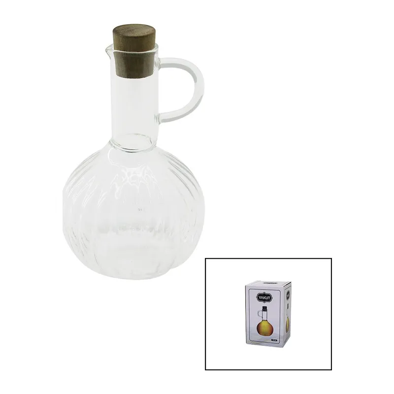 MİNİ CAM YAĞDANLIK ÇİZGİLİ DESEN 300ML AHŞAP BAMBU MANTAR TIPA (5643)