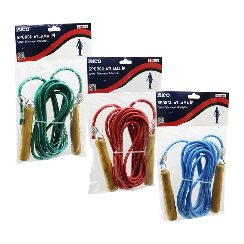 AHŞAP SAPLI PVC ATLAMA İPİ RENKLİ 5MT (5643)