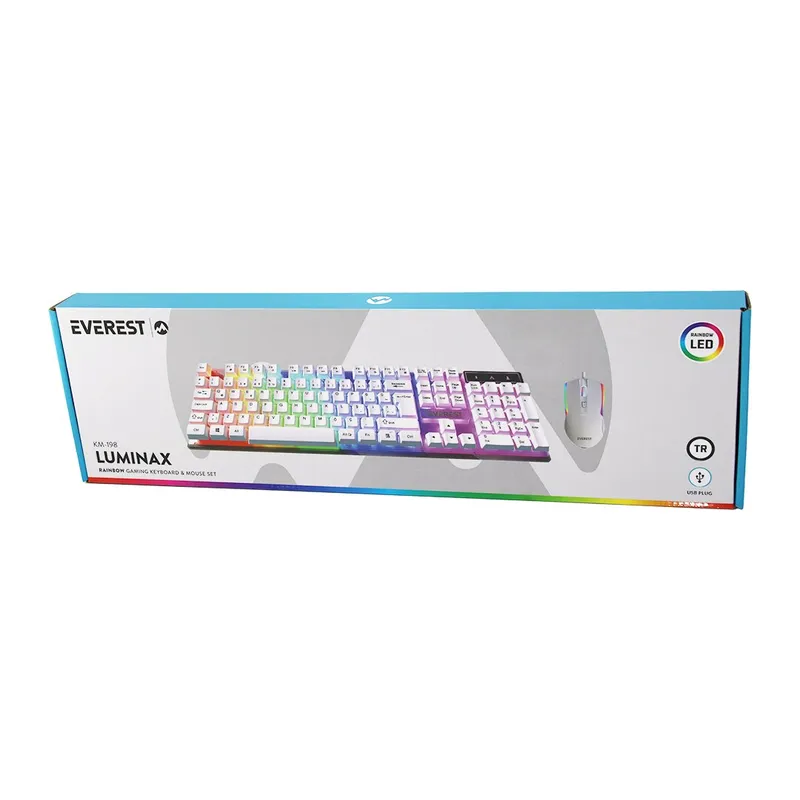 BEYAZ GÖKKUŞAĞI IŞIKLI USB KABLOLU OYUNCU KLAVYE - MOUSE SET (5643)