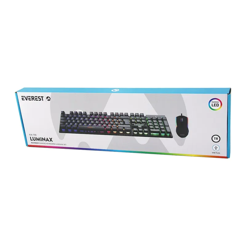 SİYAH GÖKKUŞAĞI IŞIKLI USB KABLOLU OYUNCU KLAVYE - MOUSE SET (5643)