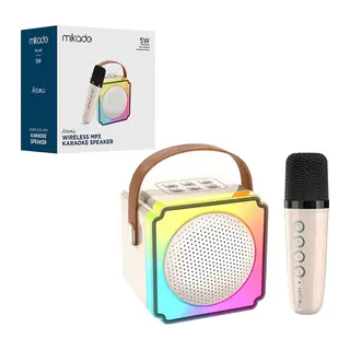 BEYAZ KARAOKE MİKROFONLU WİRELESS HOPARLÖR - SPEAKER IŞIKLI USB ŞARJLI BT - TF CARD - AUX 5W (5643)