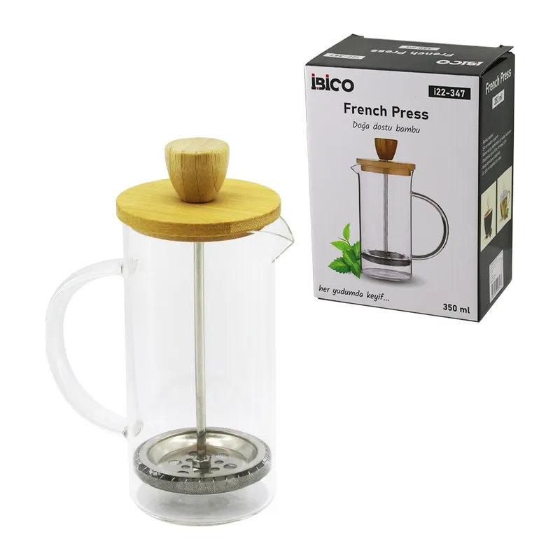 FRENCH PRESS BAMBU KAPAK 350ML CAM BİTKİ SÜZGEÇİ (5643)