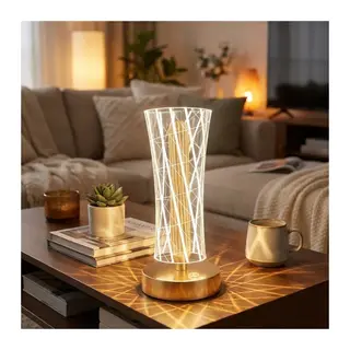 Silindirik Kristal Çizgi Model LED Masa Lambası – Gold Tabanlı, Dokunmatik, 3 Renk Işık Modlu, Şarjlı Modern Dekoratif Gece Lambası (5643)