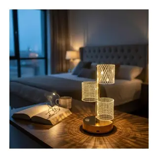 3 Parça Silindirik Kristal Ekose Kareli LED Masa Lambası – Gold Gövdeli, Dokunmatik, 3 Kademe Işık Ayarlı Şarjlı Dekoratif Lamba (5643)
