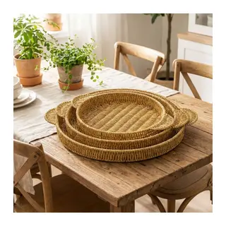 İç İçe Geçebilen 3’lü Yuvarlak Plastik Rattan Tepsi Seti–Hasır Görünümlü Çok Amaçlı Servis ve Sunum Tepsileri (5643)