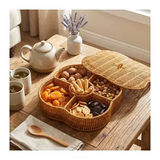 Kapaklı 5 Bölmeli Plastik Rattan Organizer Kutu – Hasır Desenli Çok Amaçlı Saklama ve Sunum Sepeti Çerezlik (5643)