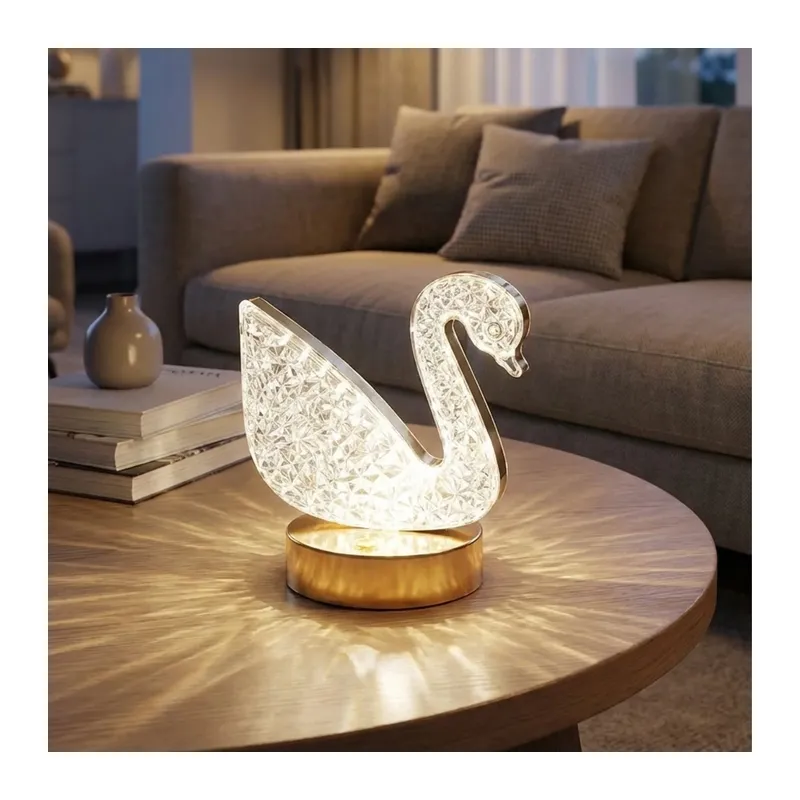 Kuğu Model Kristal LED Masa Lambası – Dokunmatik, 3 Renk Işık Modlu, Şarjlı Mini Dekoratif Gece Lambası (5643)