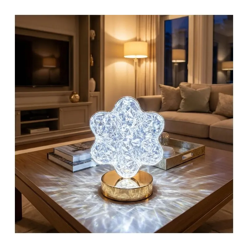 Çiçek Model Kristal LED Masa Lambası – Dokunmatik, 3 Renk Işık Modlu, Şarjlı Mini Dekoratif Gece Lambası (5643)