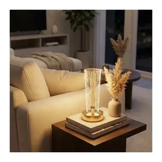 Silindirik Kristal Nokta Model LED Masa Lambası – Gold Tabanlı, Dokunmatik, 3 Renk Işık Modlu, Şarjlı Modern Dekoratif Gece Lambası (5643)