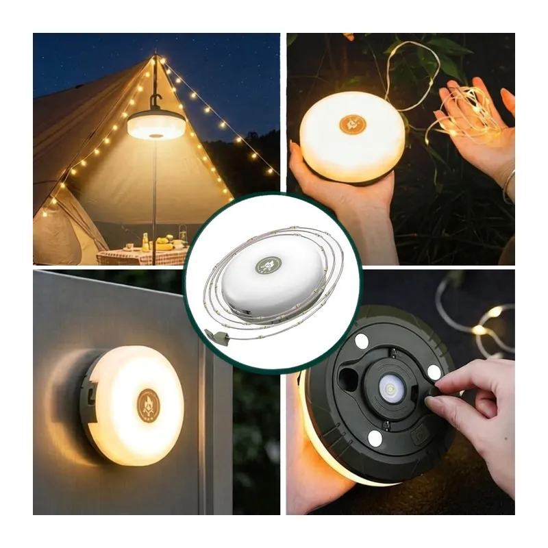 2’si 1 Arada 5 Farklı Işık Modlu Gün Işığı Şarjlı Kamp Lambası ve Makaralı 10 Metre Peri LED Işık – Su Geçirmez Mıknatıslı Aydınlatma Feneri (5643)