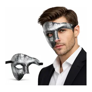 Antik Eskitme Gümüş Erkek Yarım Maske - Phantom & Balo Maskesi (5643)