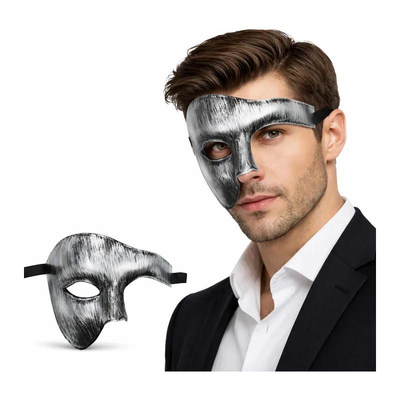 Antik Eskitme Gümüş Erkek Yarım Maske - Phantom & Balo Maskesi (5643)