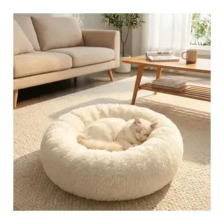 Yuvarlak Ultra Yumuşak Welsoft Peluş Kedi ve Köpek Yatağı – Kaymaz Taban Tüylü Pet Pufu,Uyku Minderi (krem) (5643)