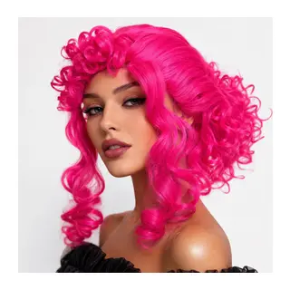 Neon Pembe Bukleli Kıvırcık Cosplay Peruğu - İçi Astarlı (5643)