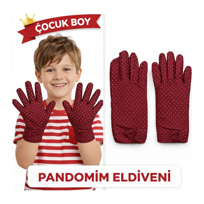 Çocuk Boy Pandomim Eldiveni Beyaz Puantiyeli Bordo Renk Gösteri Eldiveni 23 Nisan 19 Mayıs (5643)
