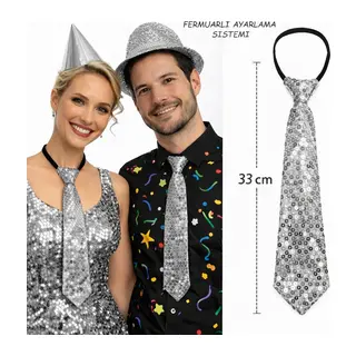 Gümüş Renk Pul Payetli Işıltılı Parti Kravatı 33 cm (5643)